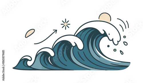 Dynamic Wave Evolution. Wave formation. A sequence of vector waves shows their growth from ripple to crash, each layer blending smoothly into the next. Flow,