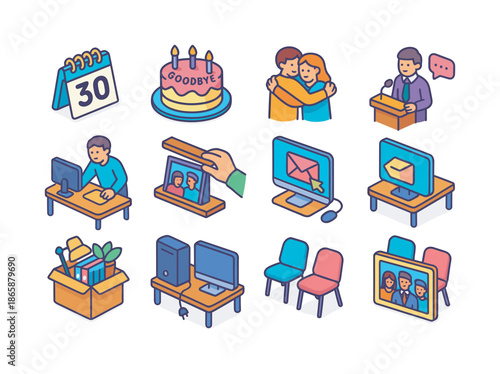 Final Days Icons. Final Days. Colorful isometric vector icons set of Final Days: office countdown calendar, goodbye cake, staff hugs, farewell speech, cleaning