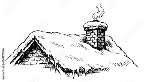 Hand drawn line art illustration of a winter roof covered in snow and a smoking chimney for seasonal and holiday designs