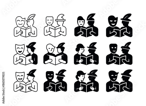 Shakespeare Scene Icons. Actors Rehearsing a Scene from a Shakespearean Play. Icon set. Set Logo of Actors Rehearsing a Scene from a Shakespearean Play: