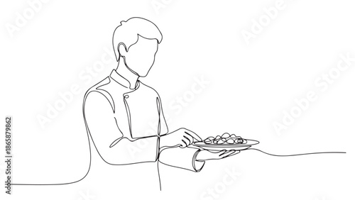Illustration of a chef holding a plate of food in a minimalist continuous line drawing style