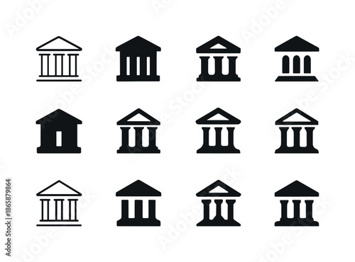 Artistic Logo Variations. Fine arts. Icon set. Set Logo of fine arts: museum facade silhouette. harmonious logo variations of the same emblematic concept, each
