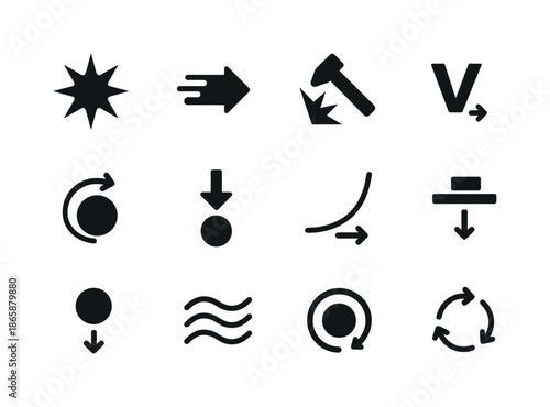 Kinetic Energy Icons. Kinetic energy. Solid icon set of kinetic energy: energy burst, acceleration arrow, force impact, velocity symbol, rolling kinetic