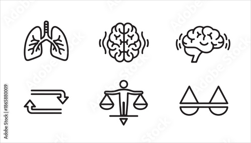 A collection of six black and white line icons featuring human organs like lungs and brain, alongside symbols for exchange, balance, and justice.
