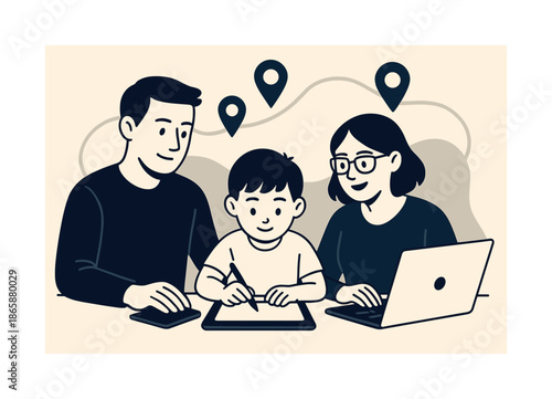Family Remote Work Adventure. Family travel workflow. Parents working beside a child drawing on a tablet; floating location pins marking shared adventures.