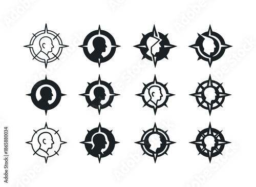 Senior Adventure Icons. Adventure tours for senior travelers. Icon set. Set Logo of adventure tours for senior travelers: compass rose. harmonious logo