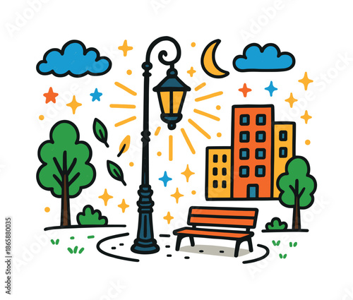 Whimsical Urban Lamp Post. Urban Lamp Post. Colorful Hand-drawn doodle Children illustration lamp post, buildings, trees, sidewalk, glow lines, stars, moon,