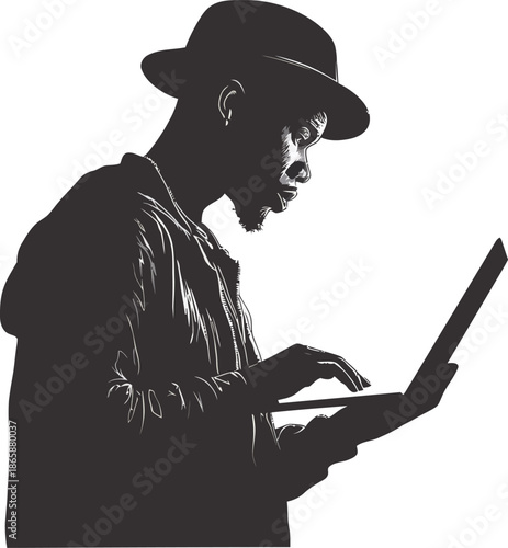 A professional software developer is depicted in a sleek graphic silhouette while coding on dual monitors