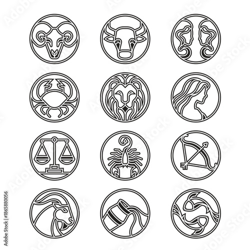 12 horoscope - circle symbol with double line and modern style vector design