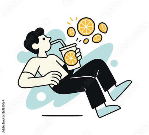 Citrus Sip Break. Juice break. A figure leans back sipping from a fruit-themed cup; glowing citrus icons hover mid-air around the straw. Modern flat-line