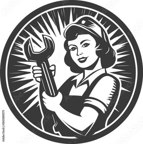 The silhouette of a woman mechanic, symbolizing empowerment, is outlined with a wrench, highlighting technical skill in auto repair