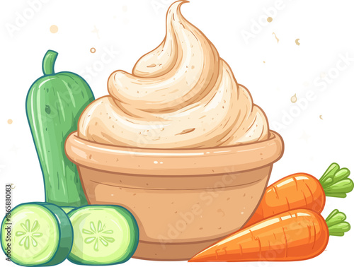 Hummus with Vegetables is a dish consisting of creamy hummus presented in a rustic bowl, accompanied by fresh carrot sticks and cucumber slices, making for a healthy and delicious snack or appetizer