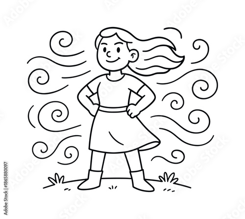 Empowered Woman Coloring. A woman holding her ground against adversity children?s coloring book illustration, outlined drawing, woman standing proudly with
