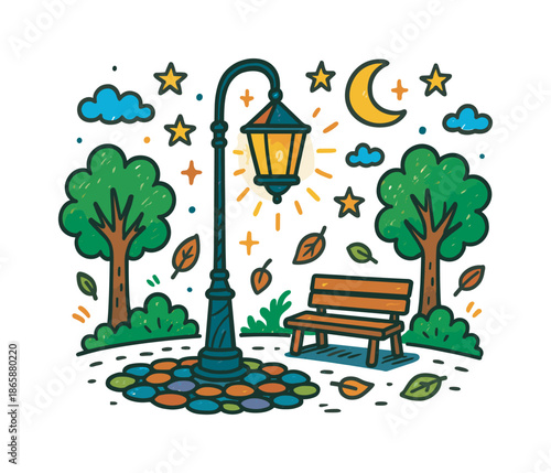 Whimsical Night Street. Lamp Post. Colorful Hand-drawn doodle Children illustration lamp post, street light glow, cobblestone path, trees, stars, moon, bench,