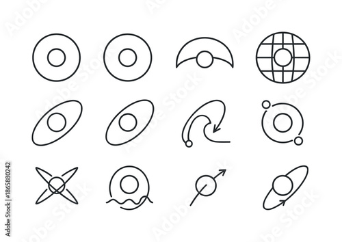Orbit and Trajectory Icons. Orbit and trajectories. Line icon set of orbit and trajectories: low earth orbit ring, medium earth orbit ring, geostationary orbit
