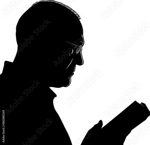 A male librarian is depicted in a modern academic setting reading a book, symbolizing knowledge, education, and literacy