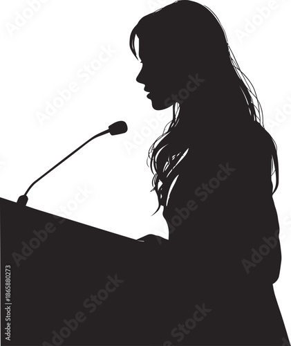 A woman in a leadership position gives a motivational keynote speech from the podium, exuding a strong corporate presence