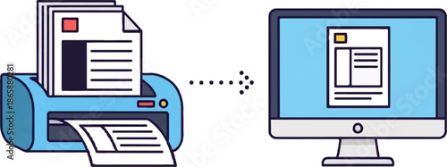 Computer screen displaying document next to a printer with paper