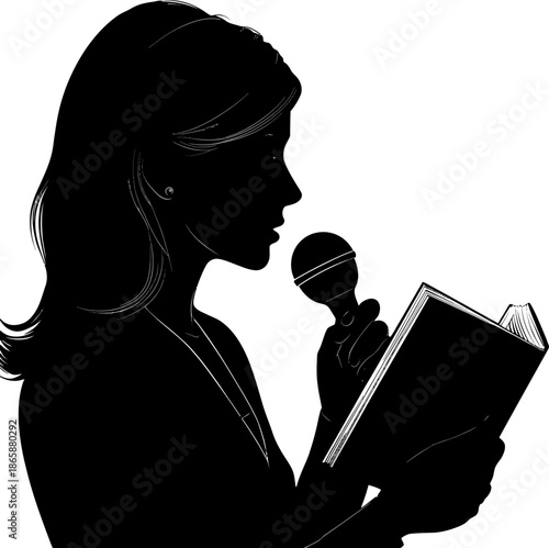 A female journalist's silhouette is a powerful representation of the media and communication industry, poised with a microphone and notepad to share the latest news and stories