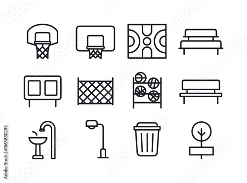 Basketball Playground Icons. Basketball playground. Line icon set of basketball playground: hoop, backboard, court line markings, bleachers, scoreboard, fence,