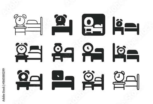Alarm Clock Icons. Alarm Clock Set for the Morning Next to the Bed. Icon set. Set Logo of Alarm Clock Next to Bed: classic alarm clock on bedside table.
