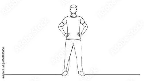 A simple line drawing illustration of a person standing with hands on hips