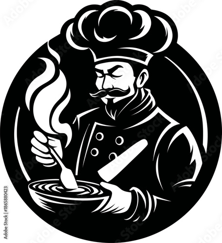 A professional chef is captured in a striking graphic silhouette, working with intense focus and refined culinary expertise