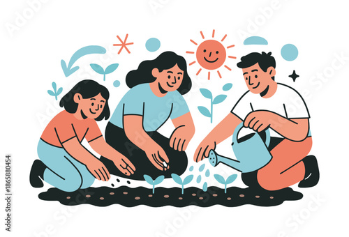 Family Gardening Together. Home gardening. Family members kneel side by side planting seeds and watering soil, surrounded by sprouting greens and happy sun