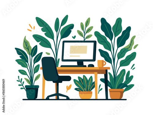 Jungle Desk Oasis. Jungle desk setup. A desk surrounded by vibrant houseplants creates a mini indoor jungle. Floating icons mimic gentle rustling. Modern flat