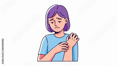 Depressed person with purple hair scratches arm, showing distress