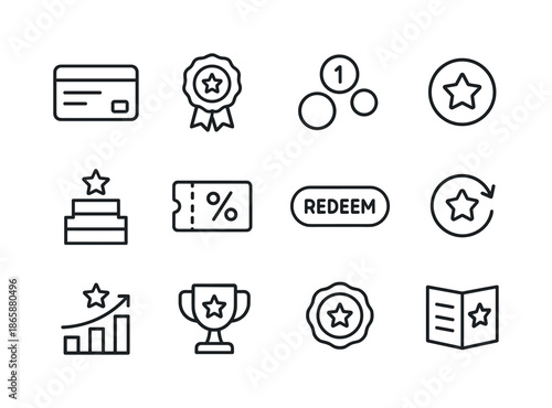 Reward Icons Set. Reward Programs. Line icon set of Reward Programs: reward card, membership badge, points icon, star token, reward tier, coupon label, redeem
