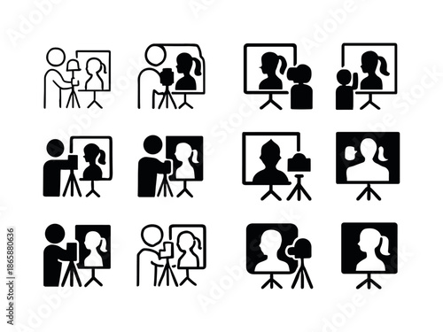 Studio Portrait Logos. Taking portraits in a studio. Icon set. Set Logo of Taking portraits in a studio: model silhouette. harmonious logo variations of the