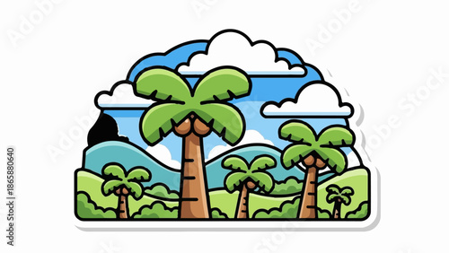 Cartoonish tropical landscape with palm trees, rolling green hills, and blue sky