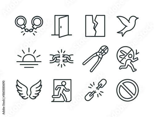 Icons of Liberation. Breaking free. Line icon set of breaking free: unlocked cuffs, open door icon, cracked wall, bird flying icon, rising sun, breaking rope