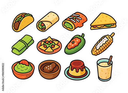 Mexican Cuisine Icons. Mexican cuisine. Colorful isometric vector icons set of Mexican cuisine: taco, burrito, enchilada, quesadilla, tamale, nachos, chiles