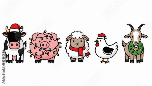 Festive farm animals cow, pig, sheep, chicken, and goat in holiday attire