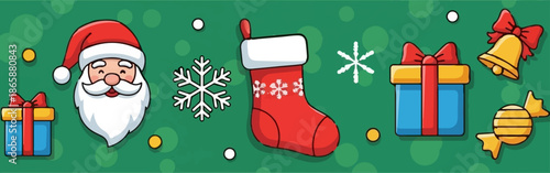 Festive Christmas elements Santa, gifts, stocking, bell, snowflake, candy, and circles on green