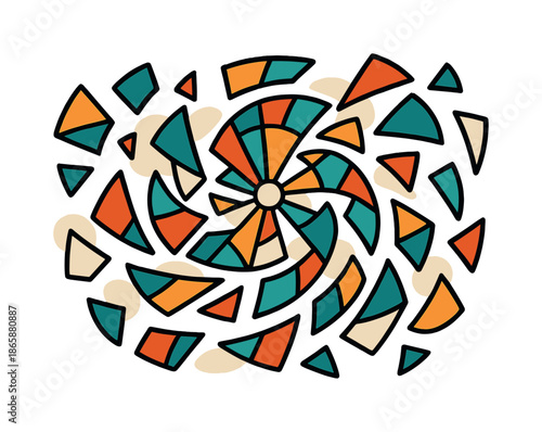 Radiant Glass Spiral. Abstract stained glass. Floating glass fragments assemble into a spiral pattern with radiant color beams emerging from the center. Modern