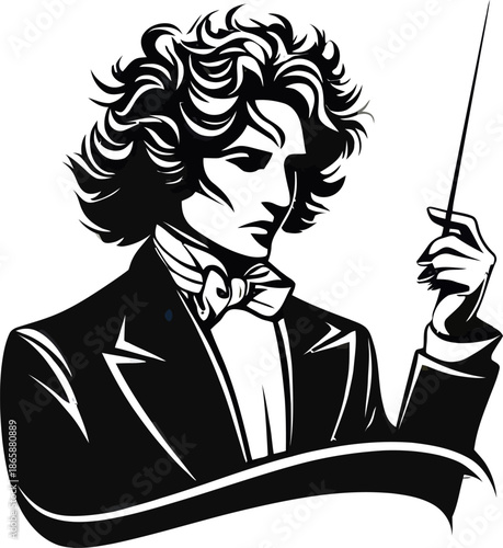 With intensity, a male orchestra conductor guides an ensemble in a modern black silhouette representation