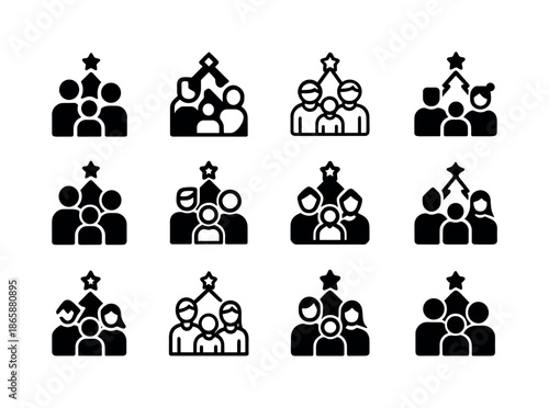 Christmas Family Logo Grid. family taking a holiday photo in front of the christmas tree. Icon set. Set Logo of family taking a holiday photo in front of the