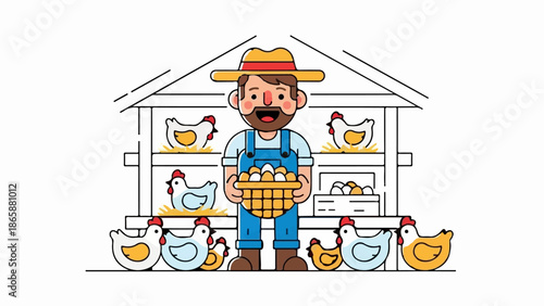 Cheerful farmer holding basket of eggs with chickens and coop