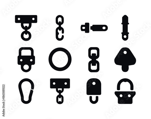 Swing Hardware Icons. Swing hardware. Solid icon set of swing hardware: top bracket, chain hook, bolt anchor, swing connector, metal ring, joint piece,