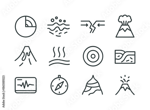 Earth Core Icon Set. Earth?s core. Line icon set of Earth?s core: cross-section globe, magma, tectonic plates, volcano, lava, heat waves, crust, mantle, rock