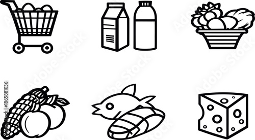 Featuring essential supermarket items, the Grocery Icon Sheet showcases a range of icons in minimalist black line art