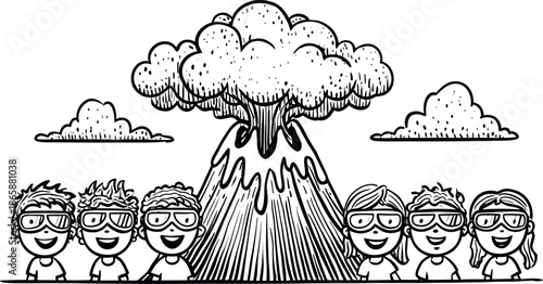 The Miniature Volcano Experiment is a dynamic illustration that captures four excited kids watching in amazement as a miniature volcano erupts, showcasing their eager faces and the science experiment