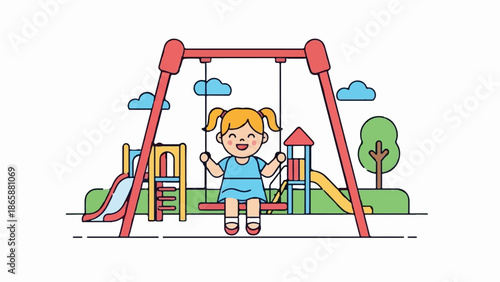 Cheerful girl on swing in playground with slides and a tree