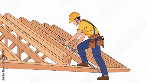 Construction worker building wooden roof frame
