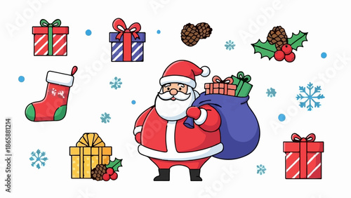 Cheerful Santa Claus with a sack of gifts, surrounded by festive decorations and snowflakes