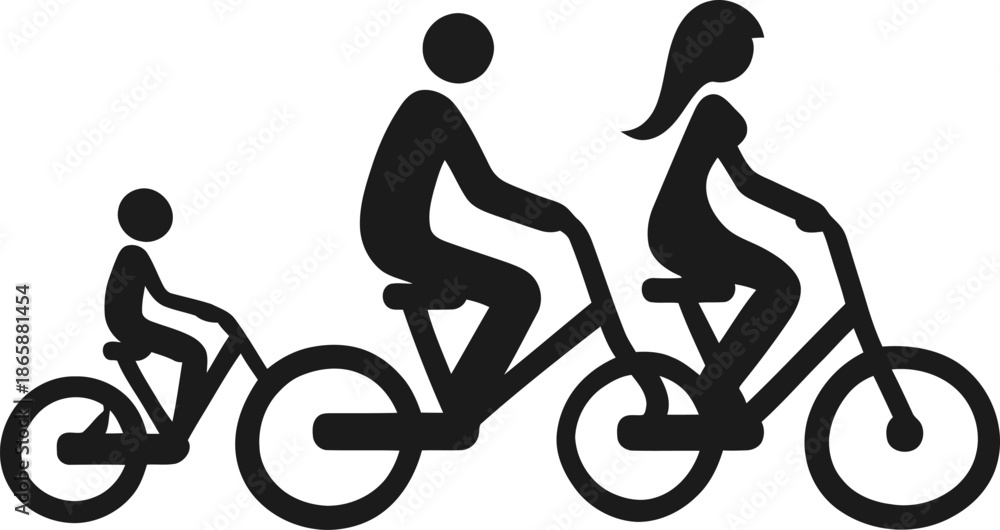 Fototapeta premium A dynamic family ride featuring happy modern parents and child cycling together in silhouette