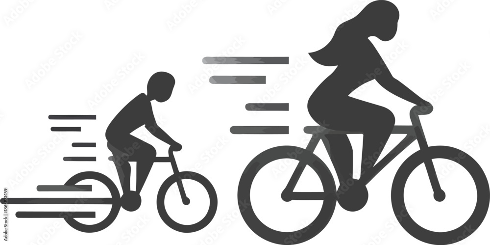 Fototapeta premium In a dynamic display of family fun, happy modern parents and child are seen cycling together in silhouette